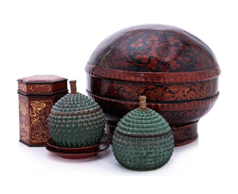 A GROUP OF PALEMBANG PERANAKAN OBJECTS
A pair of wooden durian form jars with covers, interior in red lacquer, exterior paint