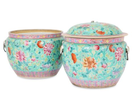 A PAIR OF FAMILLE ROSE GREEN GROUND KAMCHENGS
Each decorated peonies of various colours, pink ground foliate band upper, twin