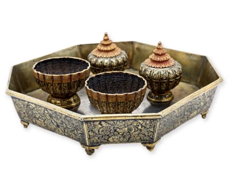 A THAI SILVER-GILT NIELLO PART BETEL SET Five pieces in total, comprising a pair of lidded boxes, and pair of small pedestal 