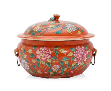 A CORAL GROUND 'IN AND OUT' KAMCHENG Of squat form, the body and cover decorated in peony blooms, a butterfly to each side be