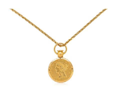 A UNITED STATES GOLD COIN PENDANT ON CHAIN The coin, a United States Liberty Five Dollars 1881, held in an engraved gold fram