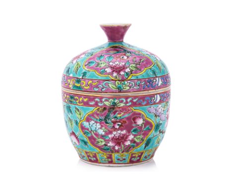 A FAMILLE ROSE TURQUOISE GROUND CHUPU Decorated in two pink panels of phoenix and peony, band of Buddhist emblems to rim of b