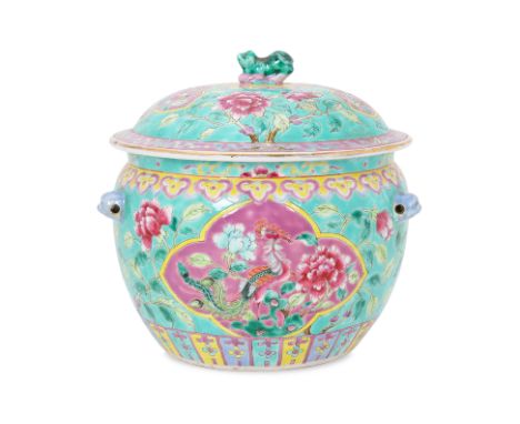 A TURQUOISE GROUND FAMILLE ROSE KAMCHENG Body decorated in two pink panels with standing phoenix and peony, stylised ruyi ban