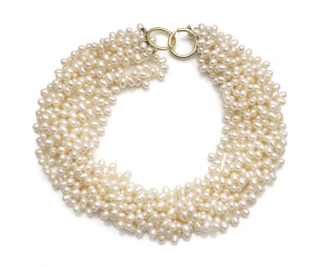 Tiffany Perlencollier750/000 Gelbgold signiert mit Paloma Picasso, achtreihiges Zuchtperlen Collier, ovale Perlen ca. 6,0 -7,