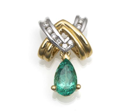 Bicolor Anhänger mit Smaragd &amp;amp; Brillanten2,0 x 1,3 cm750/000 Gelb- und Weißgold mit einem Smaragd im Tropfenschliff c