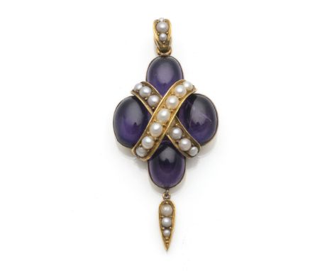 Amethyst AnhängerEnde 19./Anfang 20. Jhdt.L. 6,7 cm14kt Roségold, getestet, rückseitig Medaillonrahmen. Vier Amethyst-Cabocho