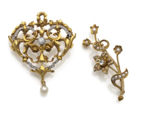 Brosche/Anhänger und Zweigbroschewohl Ende 19. und Anfang 20. Jhdt.L. 4,4/4,5 cmBrosche/Anhänger aus 18ct Roségold, getestet,
