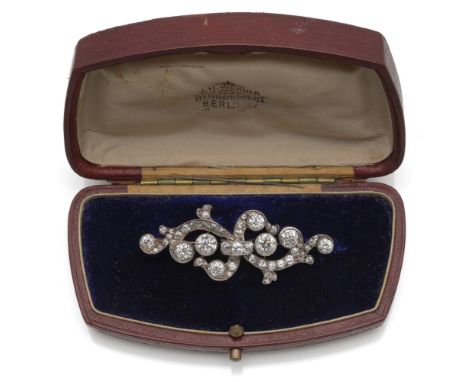 Feine Belle Époque Diamantbrosche,Berlin Hofjuwelier Louis H. Werner 1880-190055 / 20 mm585/000 Rotgold mit Silberauflage (ge