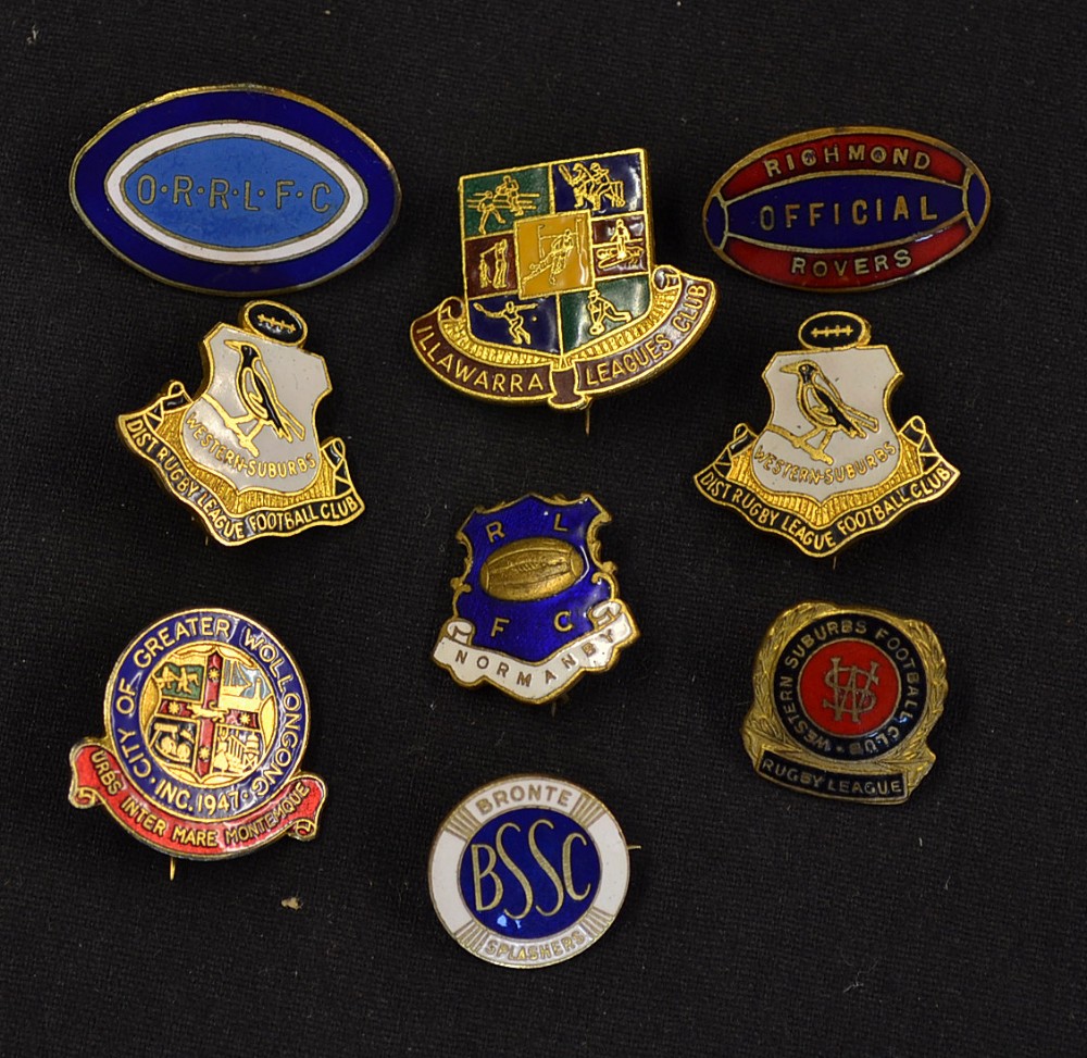 9x various Australian rugby leagues club brass & enamel pin badges to