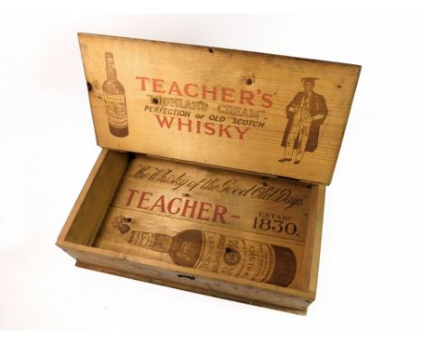 ADVERTISING BOX. A pine advertising box with hinged lid for Teacher's Highland Cream Scotch Whisky. 26.5 x 43cm.  Please note