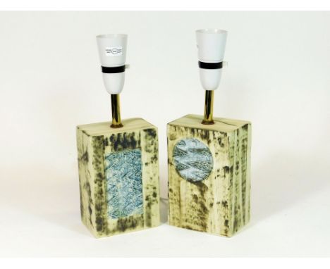 CARN POTTERY LAMP BASES. Two rectangular John Beusmans Carn Pottery lamp bases, each with a different surface design. Signed 