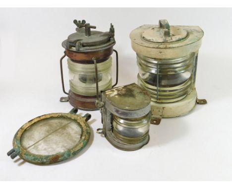 MAST HEAD LAMPS ETC. A painted copper mast head lamp, the 'Comet'. Height 25cm. Also, one other copper lamp, a small aluminiu