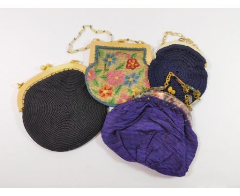 HANDBAGS. Four vintage handbags each with a celluloid frame, three with a celluloid handle, including an Art Deco example.  P