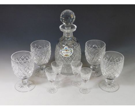 WATERFORD ETC. A Waterford Crystal decanter & stopper with ceramic spirit label, etched mark. Also, four Waterford Crystal la