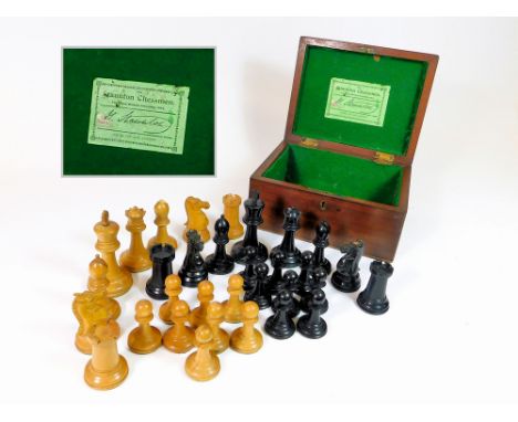 JAQUES CHESS SET. A Jacques and Son, London, 'The Staunton Chess Men', chess pieces in original green baize lined mahogany bo