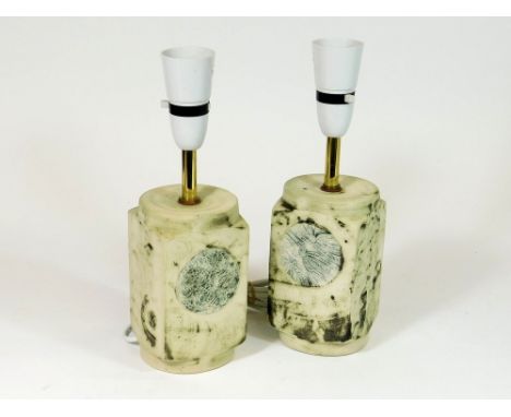 CARN POTTERY LAMP BASES. Two cylindrical John Beusmans Carn Pottery lamp bases, each with a different surface design. Signed 