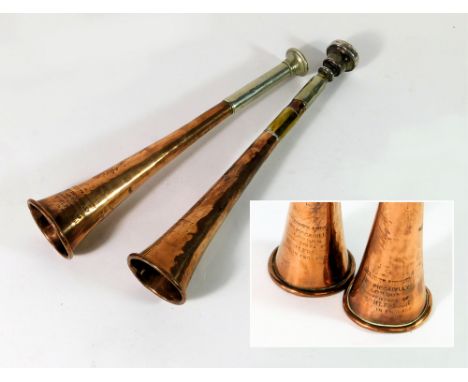 SWAINE & ADENEY. Two Swaine & Adeney silver plated & copper hunting horns. Both stamped. 23 & 22cm.  Please note that all ite