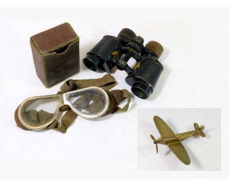 WWII ITEMS ETC. A WWII, possibly army, pair of goggles with original case, a brass model of a Spitfire & a pair of binoculars