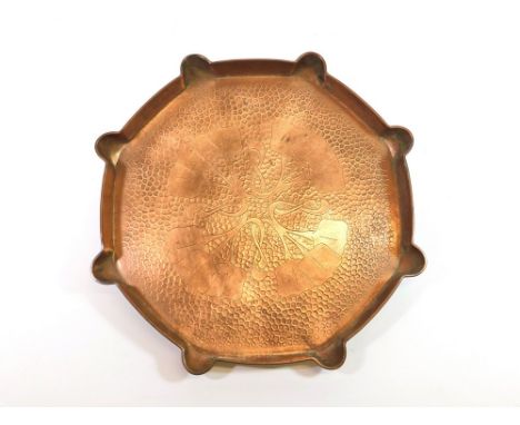 J & F POOL. A J & F Pool, Hayle copper tray with Art Nouveau stylised engraving. Diameter 35.5cm.  Please note that all items