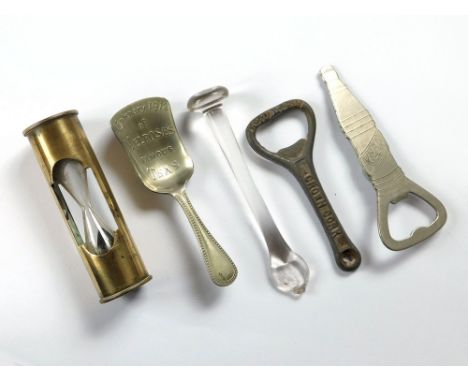 BOTTLE OPENERS ETC. A Crown cork bottle opener & a Kean advertising bottle opener. Also, an advertising caddy spoon for Melro