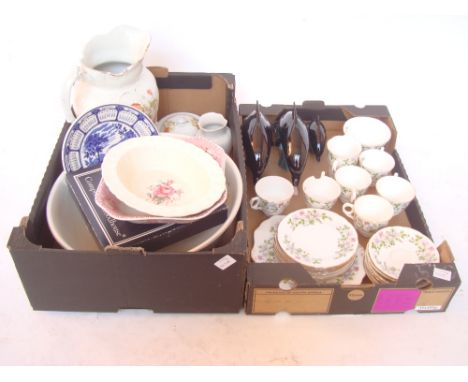 Mixed china, comprising three graduated Poole pottery dolphins, Victorian wash set etc (2 boxes).  