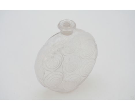 A 1920's Lalique Forvil glass perfume bottle and stopper of moon flask form, moulded  with convex raised beaded spirals, moul