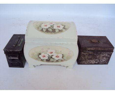 A metal ammunition case, small strong box and painted chest. (3).