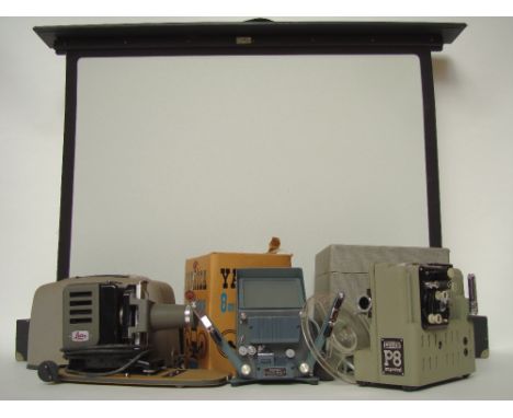 A Eumig projector cased, a Leitz projector cased, a collapsible projector screen with fitted travelling case.  