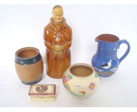 An Abbots choice whiskey decanter, Torquay pottery jug, an unmarked 1930's vase etc. 