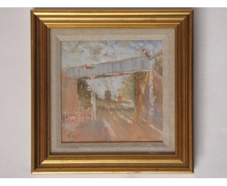Peter Jamieson. (British, b.1945.)
Steam Engine at Sheringham, Norfolk.)
Oil on canvas board.
7 1/2 x 7 1/2"