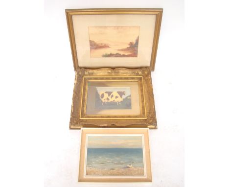 Alex Burke (20th Century British) Lake Menteith, watercolour, signed, 1922, f/g together with an oil on board seascape and a 