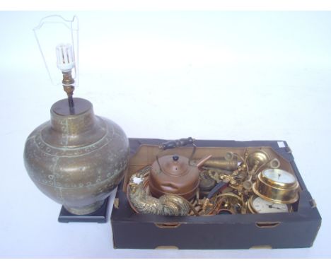 A mixed lot of copper and brass including brass bound lamp, copper kettle etc.