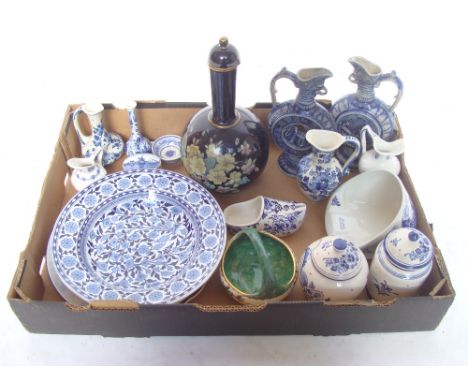 Mixed china, Delftware, pair of German stoneware ewers, 19th Century bottlevase and cover a/f, maling azalea pattern basket. 