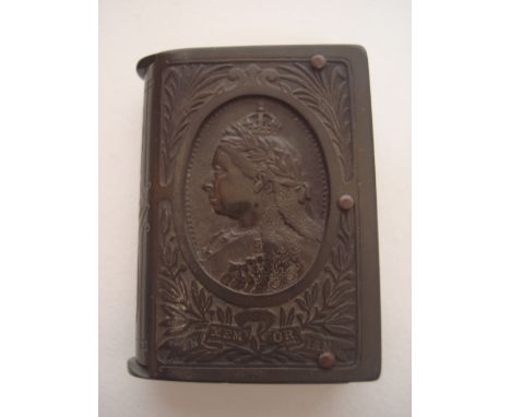An Edwardian ebonite vesta case, moulded in relief with a portrait of Queen Victorian 'in memoriam'.  