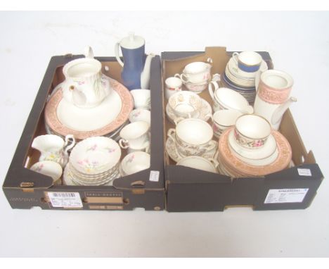 Two boxes of china, Worcester, Coalport, Wedgwood, various patterns, a Richmond teaset etc. 