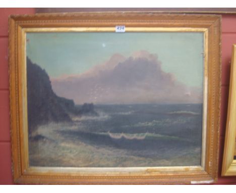 19th Century British, costal seascape, oil on canvas, unsigned, in gilt gesso frame, 30 x 23". 