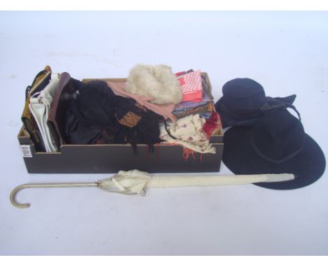 Vintage ladies accessories, handbags, hats, silk scarves, shawls, an umbrella etc.  