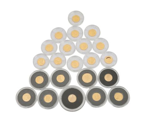 GOLD - 22 Minigoldmünzen Exoten, 21 x 0,5 g fein und 1 x 1 g fein. Darunter Togo, Tansania, Palau, Tschad, Gambia, Kongo usw.