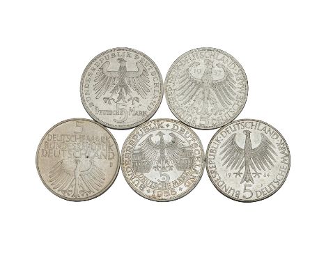 BRD - Top 5 mit 5 DM 1952 D Germanisches Museum, 5 DM 1955 F Schiller, 5 DM 1955 G Markgraf v. Baden, 5 DM 1957 J v. Eichendo