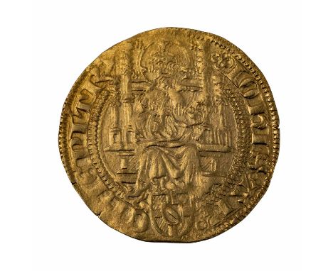 Erzbistum Trier - Goldgulden o.J./ Koblenz, Johann II. von Baden (1456-1503), Av: Christus im gotischen Gestühl, darunter Sti