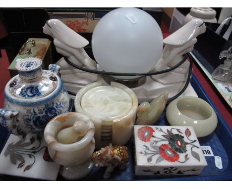 Art Deco Style Twin Lady Table Lamp, (damage), alabaster wares, inlaid box, Russian ceramic urn, etc:- One Tray