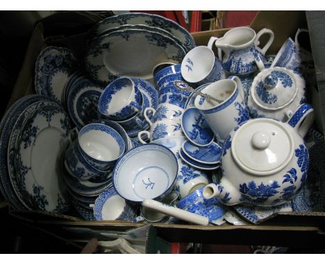 Blue and White Transfer Print Tea and Dinnerwares, teapot, pin dishes, jugs, etc:- One Box