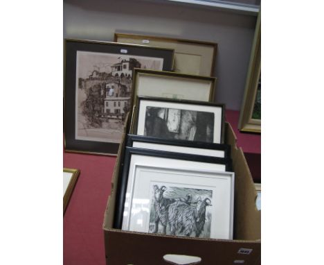 John Hawley 'Villas at Theoule '83, proof print, signed, 34 x 31.5cm; other etchings and prints, including L.V. Christmas, Ri