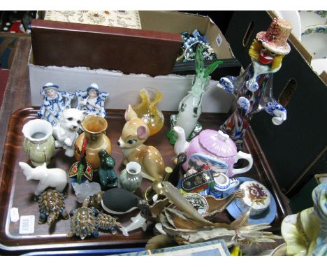 Murano Glass Clown, (hand loss), Caithness vase,, Wade, pair seated figurines, Brighton Pier teapot, etc:- One Tray