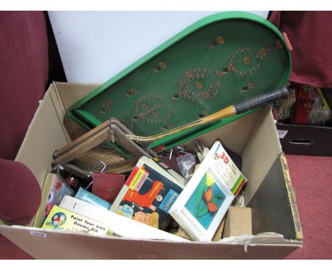 A Chad Valley Bagatelle, Vulcan child's sewing machine, Jokari, dominoes, chess, crib boards, other games/toys:- One Box