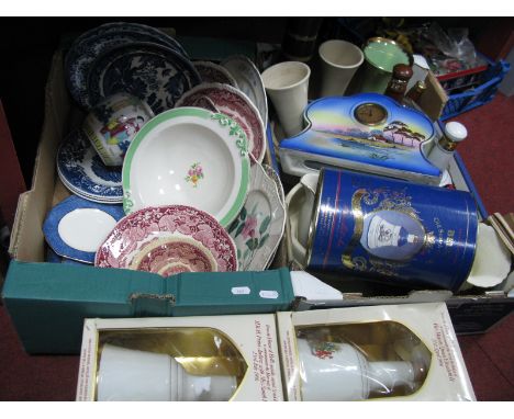 Willow Pattern Dinnerwares, Wade whisky decanters, (some boxed : all empty), vases, mantel clock, etc:- Two Boxes