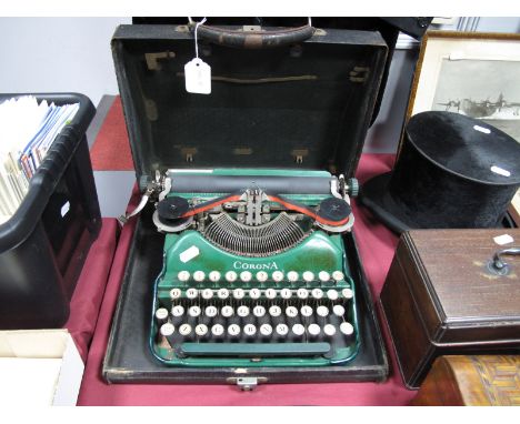 Early 1900's Corona Typewriter, coloured green, in black case. 