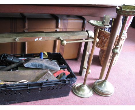 Quantity of Tools- one box, two x brass companion stands, fender. 