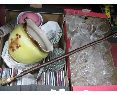 Glasswear, Johnson Brothers Dinner Ware, cd's, jardinieres, walking stick, etc:- Two Boxes