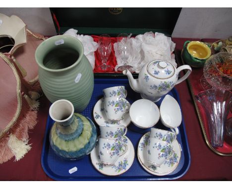 Royal Tuscan 'Forget-Me-Note Six Setting Tea Service, with teapot, milk and sugar; Porthmadog vase, Lovetts ribbed vase, one 